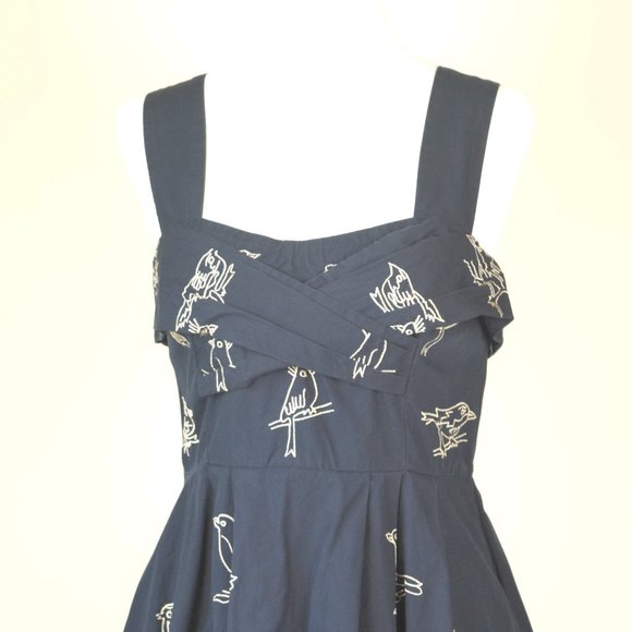 Eshakti Navy Blue Flattering Fun Dress w/ Embroidered White Birds, Size Small S - Picture 6 of 10